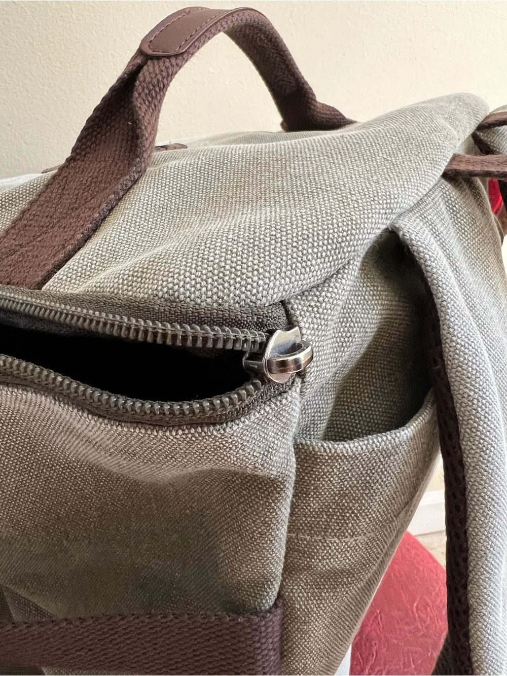Men's Canvas Backpack in Army Green with Brown Trim